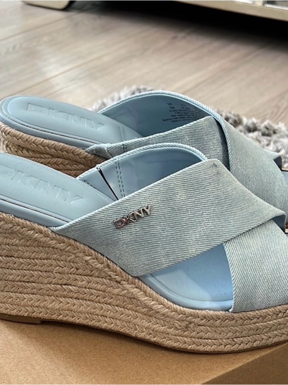 DKNY Light Blue Cross-Band Espadrille Wedge Sandals
